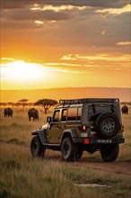 Jeep staged near majestic elephants grazing in the sweeping expanse of the african savanna, AI