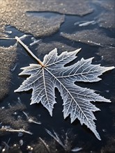 Delicate leaf resting on the surface of a frozen puddle, with intricate ice crystals forming