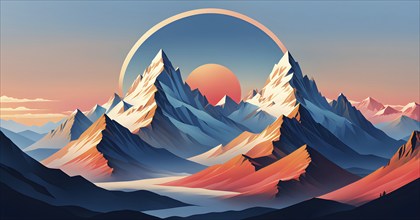 Minimalist landscape with stylized mountains and a setting sun, represented by simple geometric