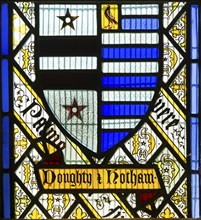 Stained glass window Doughty family crest by Thomas Willement c 1843, Theberton church, Suffolk,