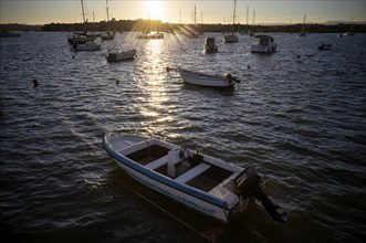 Boats, sailboats, harbour, Alvor, sunset, evening mood, Algarve, Portugal, Europe