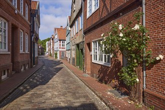 Bäckerstrasse with old half-timbered houses, brick buildings and roses (pink) on the facade in