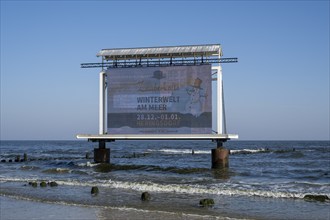 Winter world by the sea, information board in the sea, canvas, Heringsdorf, Usedom Island, Baltic