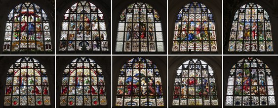 Ten church windows, stained glass with biblical motifs from the 15th century, St Jakob's Church,