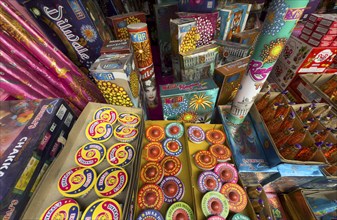 Various firecrackers displayed for sell at a market on the eve of Diwali, the Hindu festival of