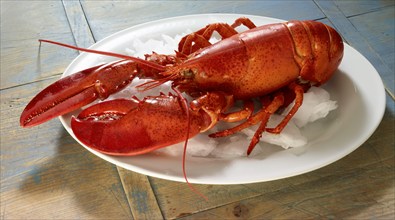 Boiled lobster (Homarus) on a white plate with ice cream, studio shot