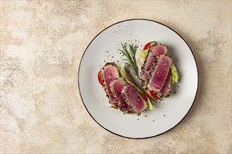 Sandwiches with fried tuna fillet, sesame, breakfast, top view, homemade