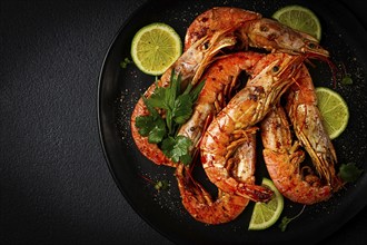 Langoustines, Australian, freshly frozen on ice, top view, lime and greens