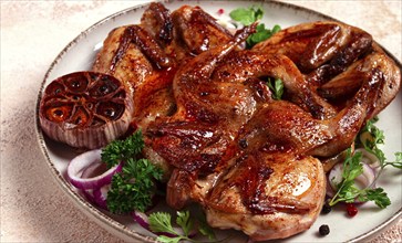 Fried, quail meat, tobacco (tapaka), with spices, homemade, no people