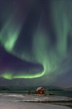 Green and violet northern lights over a red house on the coast, aurora borealis, sea, winter, snow,