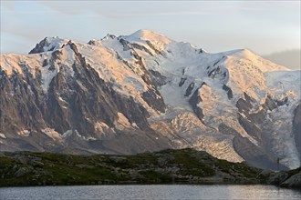 At the mountain lake Lac Blanc, evening light on the Mont Blanc massif with Mont Blanc covered with