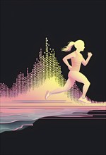 Illustration of a wave of data points shaping into a female runner silhouette, red and yellow