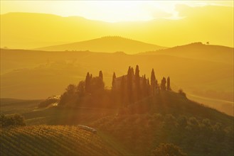 A beautiful countryside scene with rolling hills bathed in golden morning light, featuring a