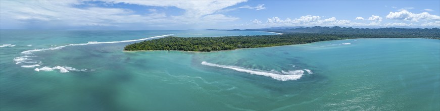 Turquoise sea, aerial view, view of Cahuita National Park, coast and coastal landscape with forest,