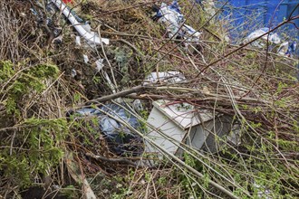 Pile of discarded cut and sawed deciduous and coniferous tree branches, plastic bags and wooden