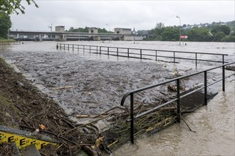 Symbolic image extreme weather, global warming, climate change, flood, washed up wood, footbridge,