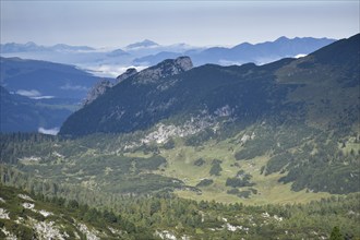 View from the Edelweißlahner to the horse-rider Alm high plateau with the alpine huts and the