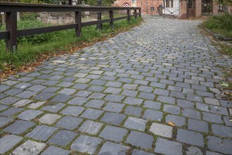 Paved road to Hallerschloss, Kirchenberg 11 and 13, Mögeldorf, Middle Franconia, Bavaria, Germany,