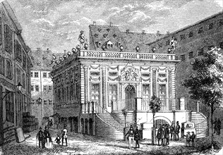 The stock exchange at the Naschmarkt in Leipzig, Germany, in 1876, historical, digital reproduction