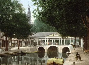 Korenbrug bridge and grain exchange of Leyden, Leiden, Holland, ca 1895, Historical, digitally