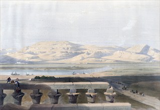 Libyan mountain range, seen from the Luxor temple, Egypt, around 1850, Historical, digitally