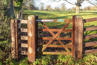 Access to countryside, Private No Public Right of Way sign on gate to field, Sutton, Suffolk,