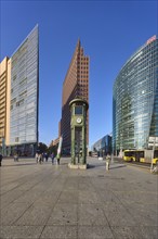 Replica and monument of the first traffic lights and skyscrapers Forum Tower, Kollhoff Tower and