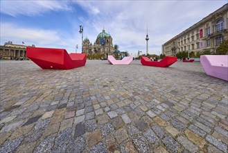 Modern public benches with Berlin Cathedral and television tower, Berlin, capital city, independent