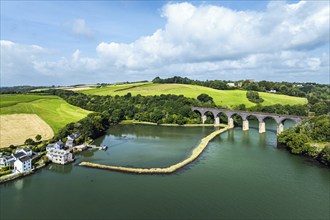 Forder Viaduct over Forder Lake and Lynher River from a drone, Saltash, Tamar Estuary, Cornwall,