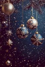 New Year's card, Christmas balls, golden snowflakes, on a blue background, vertical, no people, AI