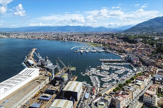 View of Castellammare di Stabia and Mount Vesuvius from a drone, Naples, Italy, Europe