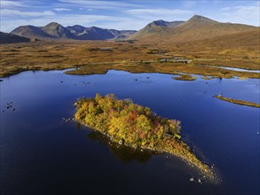 Moorland, loch, islands, morning light, sunny, autumn, aerial view, Lochan na h-Achlaise, Scottish