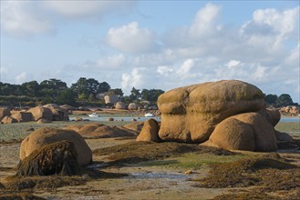 Rocky landscape on the coast under a cloudy sky, Baie de Sainte-Anne, Trégastel, Tregastel, Côte