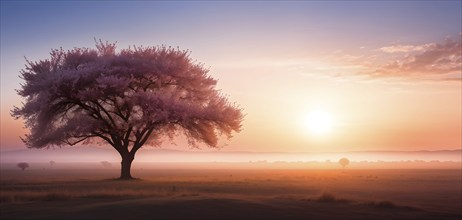 Spring scene with a single, sharp silhouette of a blooming tree on a hill, with subtle color