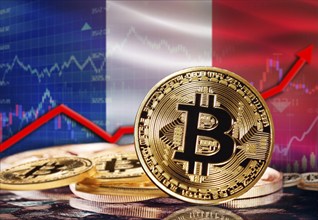 Bitcoin with France flag in the background. Bitcoin rising with France flag in the background