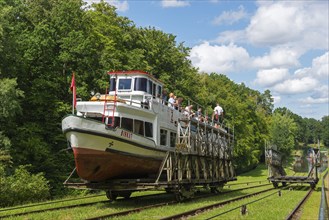 A boat is transported overland on a railway carriage, through a green landscape, ship Birkut,