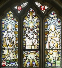 Church stained glass window of Jesus Christ, Light of the World, Justice and Charity, Boulge,