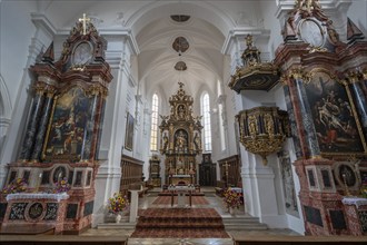 Chancel with high altar from 1630, Catholic parish church of St Emmeram, Wemding, Swabia, Bavaria,