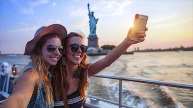 Attractive young smiling happy tourist ladies take selfie on boat. Statue of Liberty in New York,