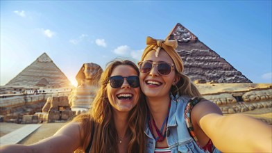 Attractive young smiling happy tourist ladies take selfie in Egypt Cairo on vacation. Giza