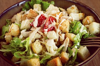 Classic Caesar salad, close-up, natural light, selective focus, horizontal