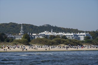 View of the beach and town from the pier, Ahlbeck, Usedom Island, Baltic Sea, Mecklenburg-Western