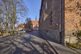 Brick buildings, cobblestone pavement, bare city trees, street Großer Bauhof, Hanseatic City of