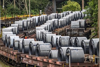 Strip steel coils, on freight wagons, at the ThyssenKrupp Steel plant Schwelgern in