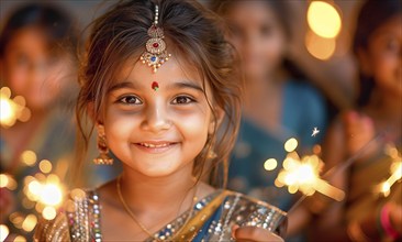 Cute Indian children celebrating with fun sparklers. generative AI, AI generated