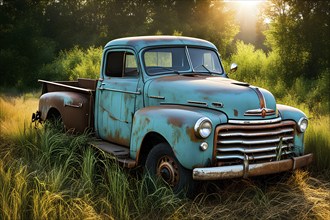 Rusted 1950s pick up truck parked on a lonely dirt road, with a sun-faded paint job and tall grass