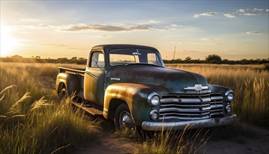 Rusted 1950s pick up truck parked on a lonely dirt road, with a sun-faded paint job and tall grass