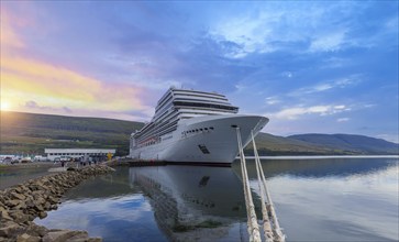 Iceland, cruise ship docked in Akureyri port for visit of Godafoss Waterfall and Eyjafjordur Fjord,