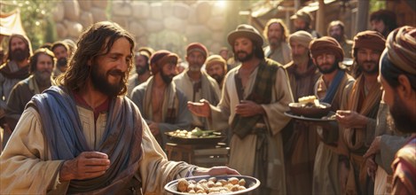 Holy Bible stories and legends, Jesus Christ feed 5000 poor people, AI generated