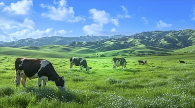 Cows and livestock grazing on a green pasture field. Clean healthy meat and food in agriculture, AI